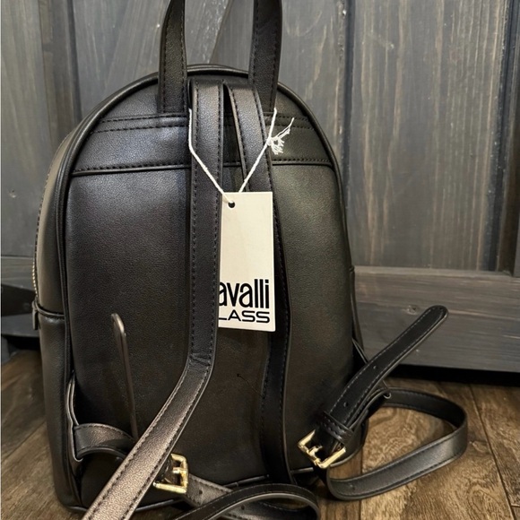 cavalli class logo-strap leather backpack Cavalli Class Black Quilted Backpack with Gold Accents